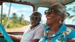 A joyful couple of two senior Africans relishing a holiday together while touring in a classic auto and space, Generative AI.