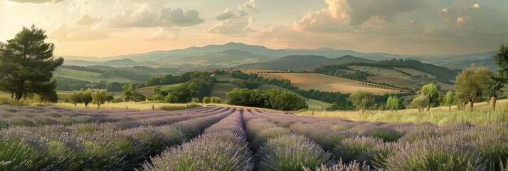 Wall Mural - A vibrant lavender field stretches as far as the eye can see, with majestic mountains providing a stunning backdrop under the clear blue sky