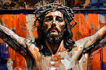 Wall Mural - A Classic style painting of depiction of Jesus expressing the profound narrative of Easter, encapsulating the themes of suffering, resurrection, faith, spirituality, and divine trust.