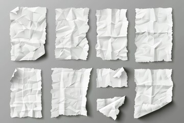 Poster - The edges of old paper sheets and scraps are ripped and crumpled. White ripped and crumpled notes and scraps isolated on gray background.