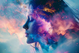 Fototapeta Kosmos - beautiful fantasy abstract portrait of a beautiful woman double exposure with a colorful digital paint splash or space nebula
