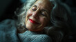 Elderly woman with red lips smiled and gradually fell into a dreamy sleep.