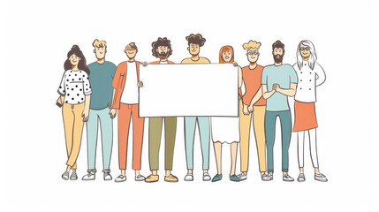 Poster - A team of characters holding a text board in a flat design style. Modern illustration with a minimal design style