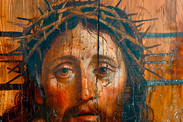 Wall Mural - A Classic style painting of depiction of Jesus expressing the profound narrative of Easter, encapsulating the themes of suffering, resurrection, faith, spirituality, and divine trust.