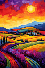 Wall Mural - Serene Countryside Bliss: Vibrant Tuscany Sunset over Idyllic Farmhouse amidst Colorful Meadow and Cypress Trees