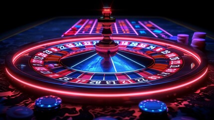 Wall Mural - In this illustration, a poker background with neon chips and ace bets on a blue playing fabric design. Playing online blackjack glow holdem internet banner layout with a neon chip and ace bet in the