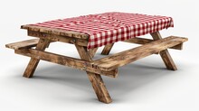 Isolated Wooden Picnic Table With Benches And Red Plaid Cloth On Transparent Background. Modern Realistic Set Of Wood Picnic Table With Seats And Cloth For Garden, Park Or Camping.