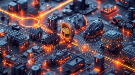 Poster - modern illustration of network, circuit connection of chip with hologram brain and computer, house a