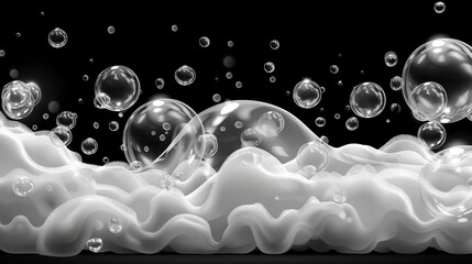 Poster - Foamy soap bubbles, suds from detergent, cleaning gel or shampoo. Modern realistic illustration of froth with air bubbles in laundry, beer foam or fizzy drink foam isolated on transparent background.