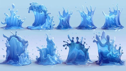 Poster - Aqua splashes, falling drops, sea waves, and swirls on a blue background, isolated on a modern cartoon. Motion effects on water, flows, streams, spills, and crown shapes, isolated on a background.