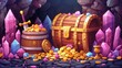 An ancient fantasy magic tomb or mine with golden coins in a chest and a wooden barrel, precious stones, crystal gems, crowns, swords in a pile of gold, and goblets with precious stones. Cartoon