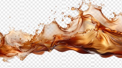 Poster - Set of modern realistic liquid waves of falling and flowing brown water, whiskey or beer with drops and swirls isolated on transparent background.