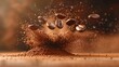 Several shredded roasted ground coffee beans and arabica grains isolated on transparent background with splash of brown dust.