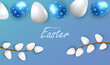 Happy Easter card vector. Holiday easter eggs and catkins on blue background.