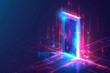 An isometric landing page showing a binary digital code appearing through an open door against a neon glowing futuristic background. A high-tech 3D modern illustration of new technologies coming to