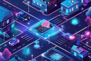 Poster - graphial illustration of artificial intelligence banner, circuit connection between chip and hologra