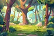 Forest background with deciduous trees, moss on rocks, grass, bushes and sunlight spots, summer or spring, modern illustration.