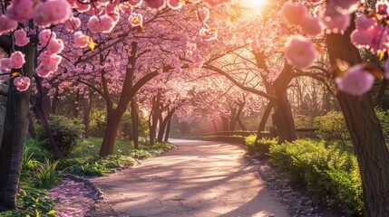 Poster - The suns golden rays filter through the lush green leaves of trees in a serene park setting, creating a magical and enchanting scene