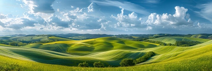 Poster - A tranquil rolling green hills set against a vibrant blue sky, capturing the essence of a peaceful and picturesque countryside scene