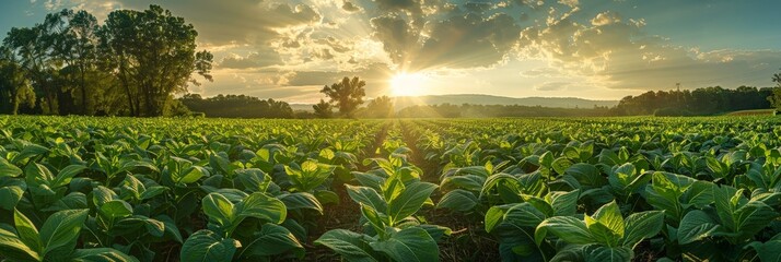 Poster - The sun sets in a blaze of colors behind tobacco field of vibrant green plants, casting a warm and ethereal glow over the landscape