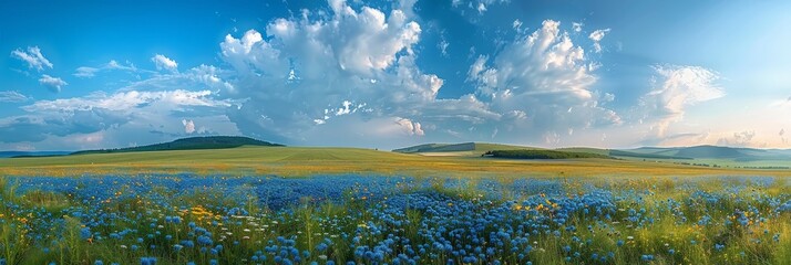 Poster - A vibrant blue field blooms with blue flowers as fluffy clouds drift across the sky