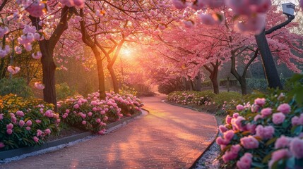 Poster - The suns golden rays shine through the lush pink trees and vibrant flowers, creating a magical and enchanting scene in the park