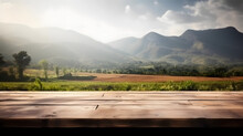 Empty Wooden Table In Front Of Landscape Background