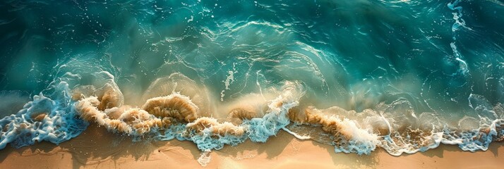 Poster - A mesmerizing aerial view of ocean waves gracefully dancing across the sandy shore, creating a harmonious blend of natures elements