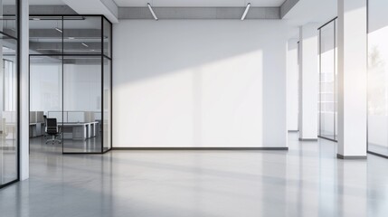 mock up Spacious office interior with white walls, windows with city view. 3d rendering
