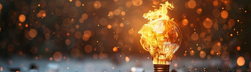 Wall Mural - A light bulb is lit on fire, surrounded by a lot of sparks. Concept of danger and destruction, as the fire consumes the bulb and the surrounding area