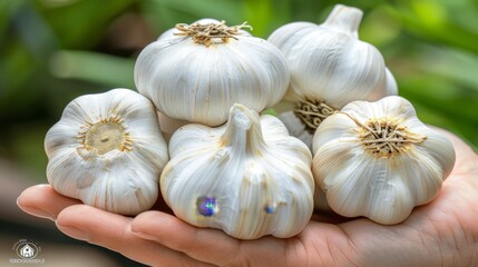 Wall Mural - Garlic bulb held in hand with selection on blurred background, copy space available