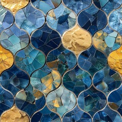 Aufkleber - A close-up view of a vibrant mosaic tile featuring intricate patterns of blue and gold, creating a mesmerizing wave-like design