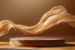 © Anna - Wooden podium and satin fabric floating on brown background. Luxury product placement mockup with flying cloth. Premium fashion and beauty stage platform template