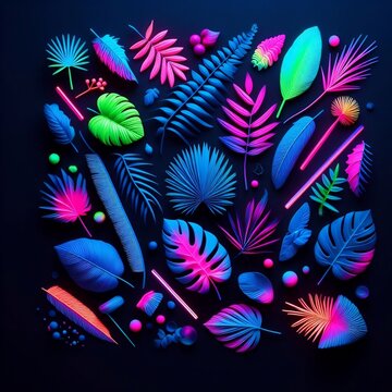 abstract colorful background, Creative fluorescent color layout made of tropical leaves. Flat-lay neon colors Nature concept created with generative ai