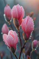 Canvas Print - Morning dew adorns blooming magnolia flowers, glistening in the early sunlight