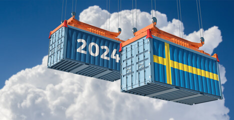 Wall Mural - Trading 2024. Freight container with Sweden national flag. 3D Rendering 