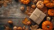 Rustic mockup with autumn table decoration. Interior decor for fall holidays with handmade pumpkins. Gift package template. Flatlay, top view