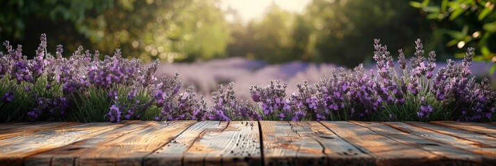Aufkleber - A wooden table displays a stunning arrangement of abundant purple flowers, creating a magical and vibrant scene