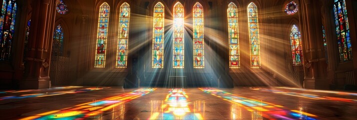 Poster - A church with intricate stained glass windows is bathed in a bright beam of light, casting colorful patterns and shadows on the walls and floors