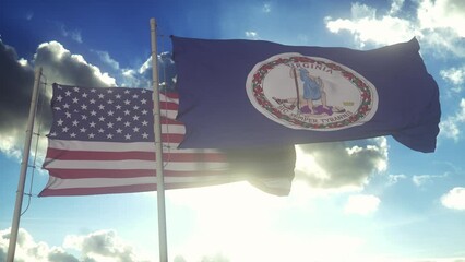 Wall Mural - The Virginia state flags waving along with the national flag of the United States of America. In the background there is a clear sky