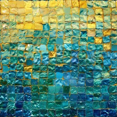 Poster - A mesmerizing close-up of intricate blue and yellow mosaic tiles, showcasing a vibrant and artistic blend of colors and patterns