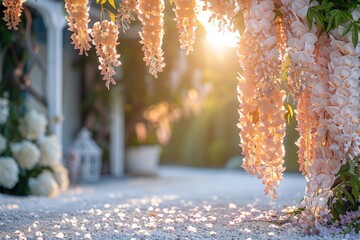 Aufkleber - A garden archway, draped in delicate pink blossoms, stands aglow with the warm hues of a setting sun