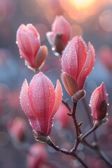 Canvas Print - Dew-kissed magnolia buds poised to bloom in the soft glow of dawn