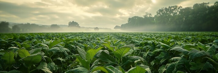 Poster - A vast field of lush, vibrant green tobacco plants stretches into the distance, with majestic trees standing tall in the background