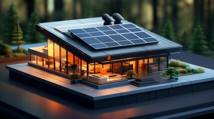 Wall Mural - Futuristic smart home 3d model with solar panels, renewable energy concept on blurred background