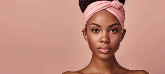 Wall Mural - Stylish young african american woman with pink headband and clean skin on soft pastel background