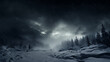 winter snow in the forest weather Dark street, asphalt abstract dark blue background, empty dark mountain range scene, with smoke mist cold white