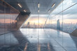 Panoramic view of empty concrete triangle shape floor with steel and glass modern building exterior and cityscape. 