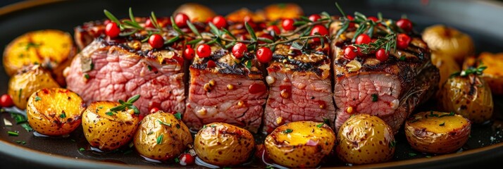 Poster - A tender piece of steak rests atop a bed of crispy roasted potatoes on a white plate, showcasing a delicious and satisfying meal