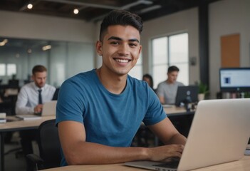 Poster - A casually dressed man works attentively on his laptop.